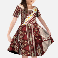 Red Vintage Tonga Ngatu Pattern With Plumeria Kid Short Sleeve Dress - Polynesian Pride