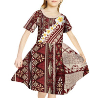 Red Vintage Tonga Ngatu Pattern With Plumeria Kid Short Sleeve Dress - Polynesian Pride