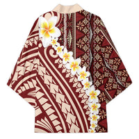 Red Vintage Tonga Ngatu Pattern With Plumeria Kimono - Polynesian Pride