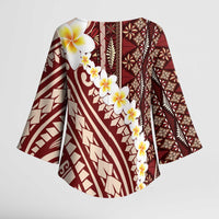 Red Vintage Tonga Ngatu Pattern With Plumeria Kimono Sleeve Blouse - Polynesian Pride