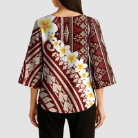 Red Vintage Tonga Ngatu Pattern With Plumeria Kimono Sleeve Blouse - Polynesian Pride