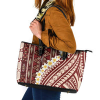 Red Vintage Tonga Ngatu Pattern With Plumeria Leather Tote Bag - Polynesian Pride