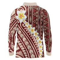 Red Vintage Tonga Ngatu Pattern With Plumeria Long Sleeve Polo Shirt - Polynesian Pride