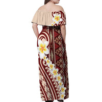 Red Vintage Tonga Ngatu Pattern With Plumeria Off Shoulder Maxi Dress - Polynesian Pride