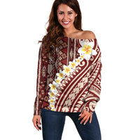 Red Vintage Tonga Ngatu Pattern With Plumeria Off Shoulder Sweater - Polynesian Pride