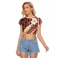 Red Vintage Tonga Ngatu Pattern With Plumeria Raglan Cropped T Shirt - Polynesian Pride