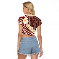 Red Vintage Tonga Ngatu Pattern With Plumeria Raglan Cropped T Shirt - Polynesian Pride