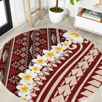 Red Vintage Tonga Ngatu Pattern With Plumeria Round Carpet - Polynesian Pride