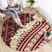 Red Vintage Tonga Ngatu Pattern With Plumeria Round Carpet - Polynesian Pride