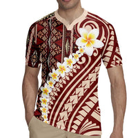 Red Vintage Tonga Ngatu Pattern With Plumeria Rugby Jersey - Polynesian Pride