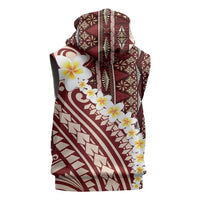 Red Vintage Tonga Ngatu Pattern With Plumeria Sleeveless Hoodie - Polynesian Pride