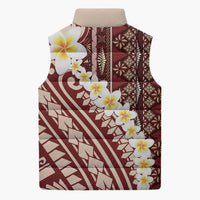 Red Vintage Tonga Ngatu Pattern With Plumeria Sleeveless Puffer Jacket - Polynesian Pride