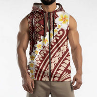Red Vintage Tonga Ngatu Pattern With Plumeria Sleeveless Zip Hoodie - Polynesian Pride