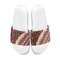 Red Vintage Tonga Ngatu Pattern With Plumeria Slide Sandals - Polynesian Pride