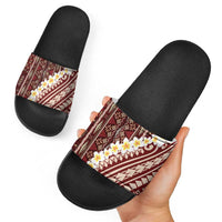 Red Vintage Tonga Ngatu Pattern With Plumeria Slide Sandals - Polynesian Pride
