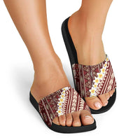 Red Vintage Tonga Ngatu Pattern With Plumeria Slide Sandals - Polynesian Pride