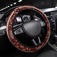 Red Vintage Tonga Ngatu Pattern With Plumeria Steering Wheel Cover - Polynesian Pride