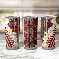 Red Vintage Tonga Ngatu Pattern With Plumeria Tumbler Cup - Polynesian Pride