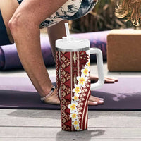 Red Vintage Tonga Ngatu Pattern With Plumeria Tumbler With Handle - Polynesian Pride