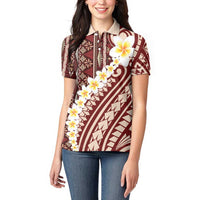 Red Vintage Tonga Ngatu Pattern With Plumeria Women Polo Shirt - Polynesian Pride