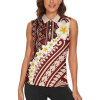 Red Vintage Tonga Ngatu Pattern With Plumeria Women Sleeveless Polo Shirt - Polynesian Pride