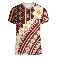 Red Vintage Tonga Ngatu Pattern With Plumeria Women V-Neck T-Shirt - Polynesian Pride