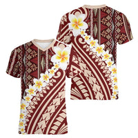 Red Vintage Tonga Ngatu Pattern With Plumeria Women V-Neck T-Shirt - Polynesian Pride