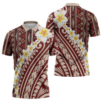 Red Vintage Tonga Ngatu Pattern With Plumeria Zipper Polo Shirt - Polynesian Pride