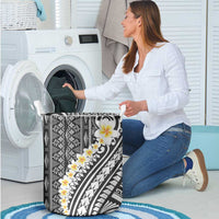 Black Vintage Tonga Ngatu Pattern With Plumeria Laundry Basket - Polynesian Pride
