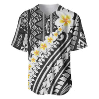 Black Vintage Tonga Ngatu Pattern With Plumeria Baseball Jersey - Polynesian Pride