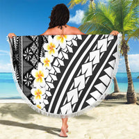 Black Vintage Tonga Ngatu Pattern With Plumeria Beach Blanket - Polynesian Pride