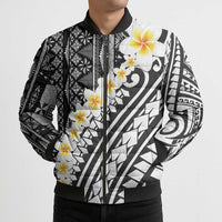 Black Vintage Tonga Ngatu Pattern With Plumeria Bomber Puffer Jacket - Polynesian Pride