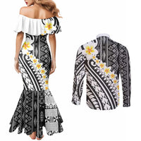 Black Vintage Tonga Ngatu Pattern With Plumeria Couples Matching Mermaid Dress and Long Sleeve Button Shirt - Polynesian Pride