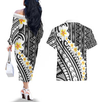Black Vintage Tonga Ngatu Pattern With Plumeria Couples Matching Off The Shoulder Long Sleeve Dress and Hawaiian Shirt - Polynesian Pride