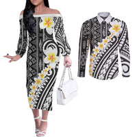 Black Vintage Tonga Ngatu Pattern With Plumeria Couples Matching Off The Shoulder Long Sleeve Dress and Long Sleeve Button Shirt - Polynesian Pride
