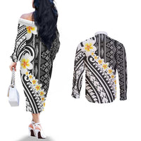 Black Vintage Tonga Ngatu Pattern With Plumeria Couples Matching Off The Shoulder Long Sleeve Dress and Long Sleeve Button Shirt - Polynesian Pride
