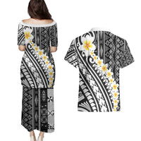 Black Vintage Tonga Ngatu Pattern With Plumeria Couples Matching Puletasi and Hawaiian Shirt - Polynesian Pride