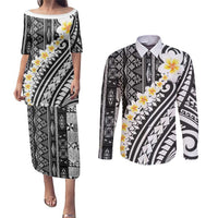 Black Vintage Tonga Ngatu Pattern With Plumeria Couples Matching Puletasi and Long Sleeve Button Shirt - Polynesian Pride