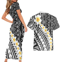 Black Vintage Tonga Ngatu Pattern With Plumeria Couples Matching Short Sleeve Bodycon Dress and Hawaiian Shirt - Polynesian Pride