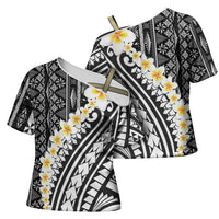 Black Vintage Tonga Ngatu Pattern With Plumeria Cross Shoulder Shirt - Polynesian Pride
