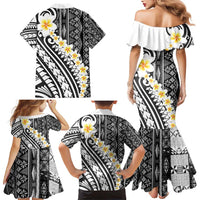 Black Vintage Tonga Ngatu Pattern With Plumeria Family Matching Mermaid Dress and Hawaiian Shirt - Polynesian Pride