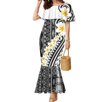 Black Vintage Tonga Ngatu Pattern With Plumeria Family Matching Mermaid Dress and Hawaiian Shirt - Polynesian Pride