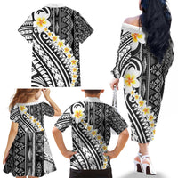 Black Vintage Tonga Ngatu Pattern With Plumeria Family Matching Off The Shoulder Long Sleeve Dress and Hawaiian Shirt - Polynesian Pride