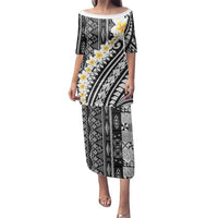 Black Vintage Tonga Ngatu Pattern With Plumeria Family Matching Puletasi and Hawaiian Shirt - Polynesian Pride