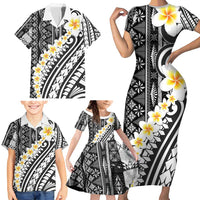 Black Vintage Tonga Ngatu Pattern With Plumeria Family Matching Short Sleeve Bodycon Dress and Hawaiian Shirt - Polynesian Pride