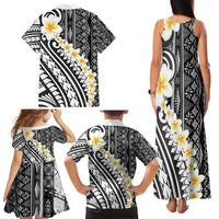 Black Vintage Tonga Ngatu Pattern With Plumeria Family Matching Tank Maxi Dress and Hawaiian Shirt - Polynesian Pride