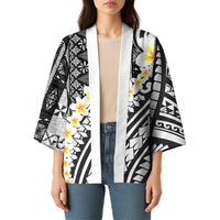 Black Vintage Tonga Ngatu Pattern With Plumeria Kimono - Polynesian Pride