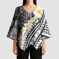 Black Vintage Tonga Ngatu Pattern With Plumeria Kimono Sleeve Blouse - Polynesian Pride