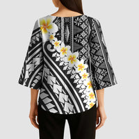Black Vintage Tonga Ngatu Pattern With Plumeria Kimono Sleeve Blouse - Polynesian Pride