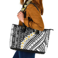 Black Vintage Tonga Ngatu Pattern With Plumeria Leather Tote Bag - Polynesian Pride